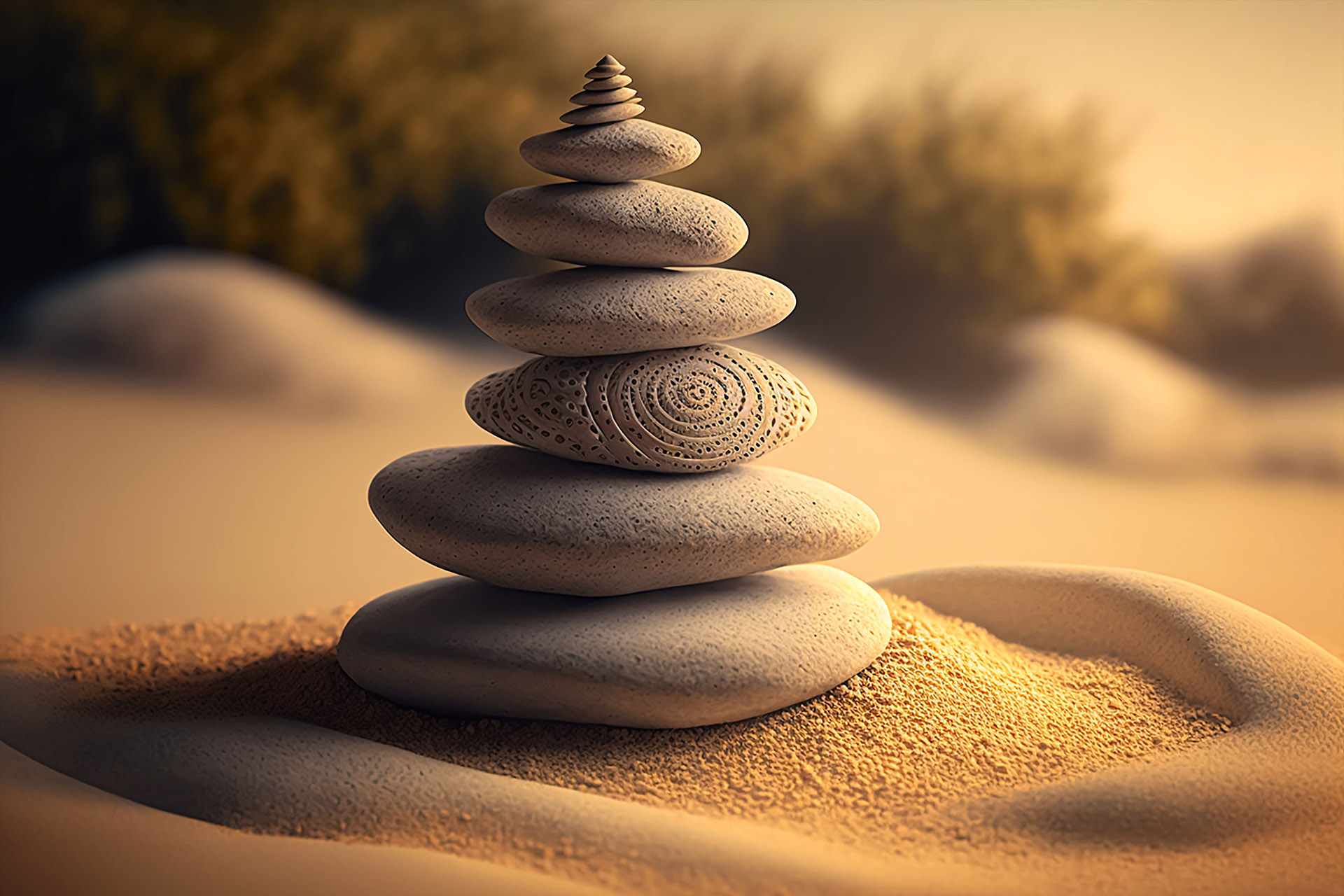 Stacked zen stones sand background art of balance concept. Gener